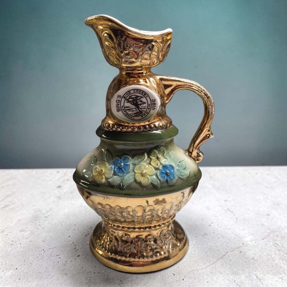 Jim Beam 1976 Bing Crosby Pro Am Decanter Pitcher Gold Floral